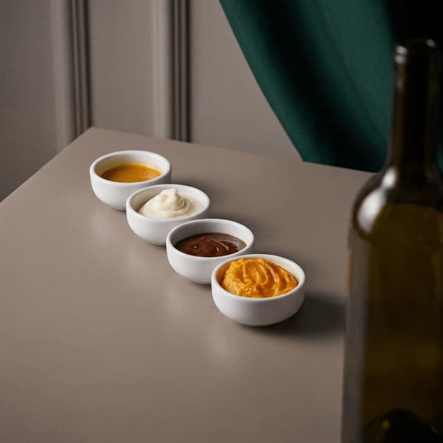 BBQ sauce flight and rub lineup still life with vinegar mustard molasses Alabama and peach sauces on oak barn planks — editorial BBQ styling photography