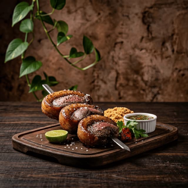 Picanha skewer sliced cap fat char dramatic rustic churrasco — picanha card photography