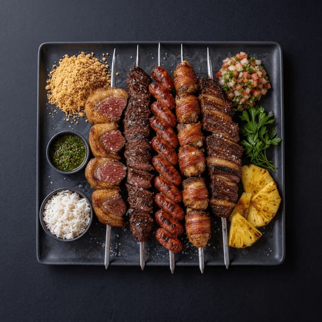 Rodizio meat skewers assorted churrasco cuts dark monolith dramatic — rodizio card photography
