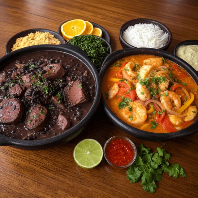Feijoada moqueca two Brazilian stews clay pots warm cantina — feijoada moqueca card photography