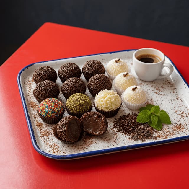 Brigadeiro chocolate truffles beijinho sweets tray red cafe Brazilian — brigadeiro card photography