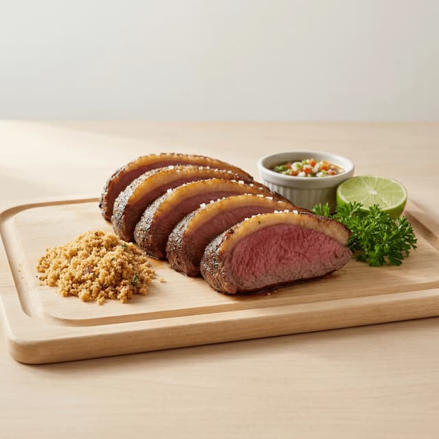 Sliced picanha top sirloin cap fat char board farofa — picanha churrasco hero photography