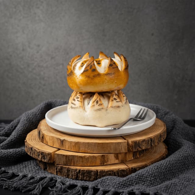 Giant cathedral sourdough loaf with cross-bloom scoring on pine plank — whole artisan loaf photography