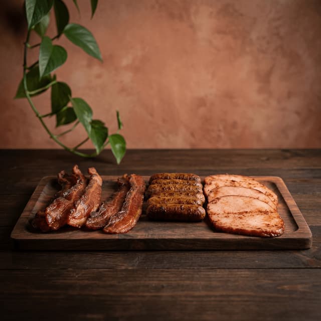 Bacon strips sausage links breakfast meat platter dark wood dramatic — bacon meats card photography