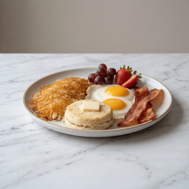 Classic American breakfast plate eggs bacon hash browns toast — breakfast plate hero photography