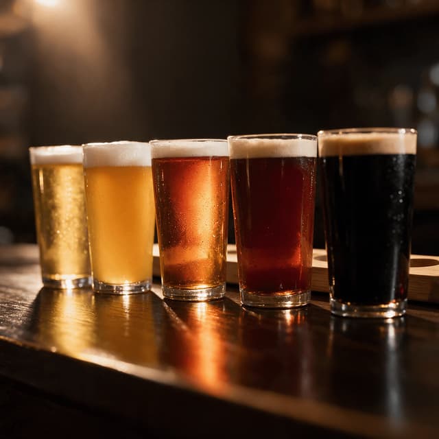 Five glasses of beer running from pale straw to black beside a wooden flight paddle on a dark bar counter