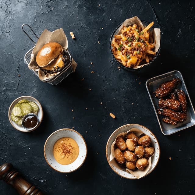 Overhead spread of a smash burger, loaded fries, wings, pretzel bites, pickles and dips across a steel tray