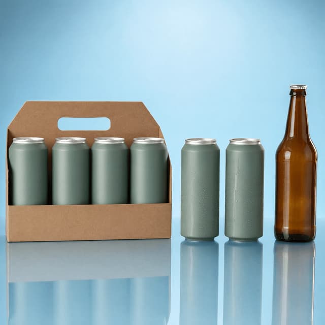 Group of blank matte beer cans in a plain carrier beside two loose cans and an amber bottle on a glossy blue surface