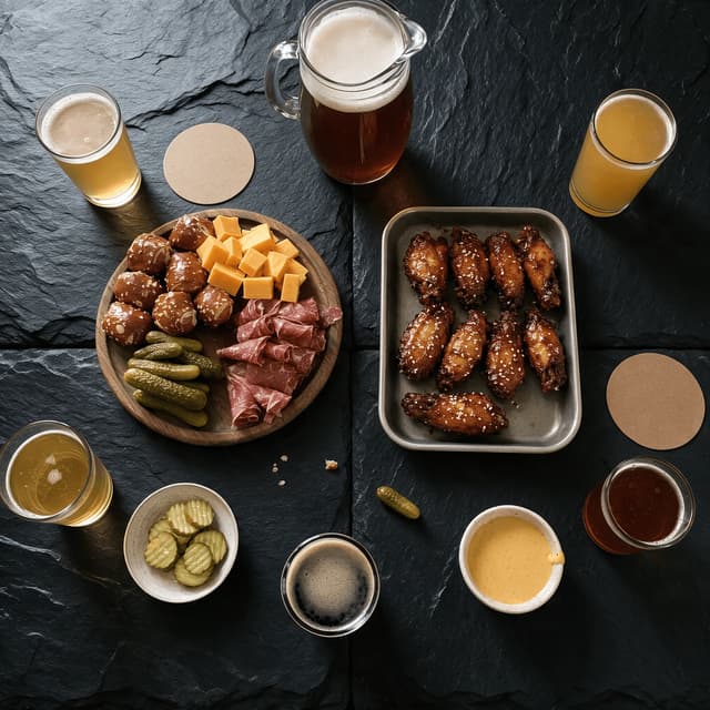 Overhead view of a communal table with several full glasses of beer, a jug and shared platters of taproom food