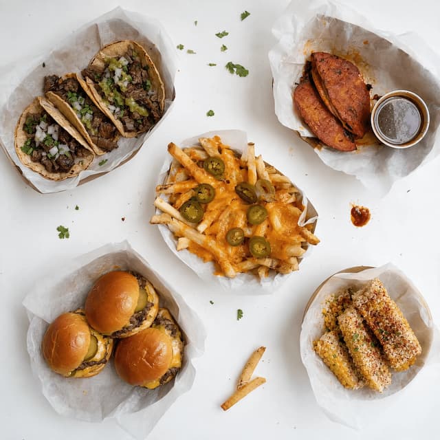 Overhead spread of tacos, birria, loaded fries and sliders in paper-lined trays on a clean white surface