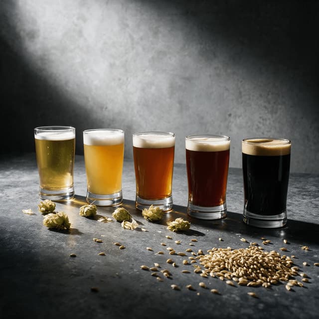 Row of five small taster glasses spanning pale straw to black beside hop cones and scattered malt grains on concrete