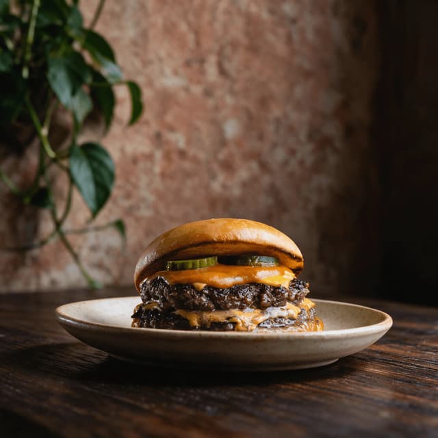 Double smash burger with melted cheese and pickles in a metal basket lined with checked paper on dark wood