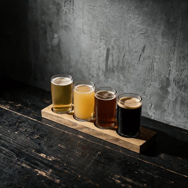 Wooden tasting paddle holding four small glasses of beer running from pale straw to opaque black