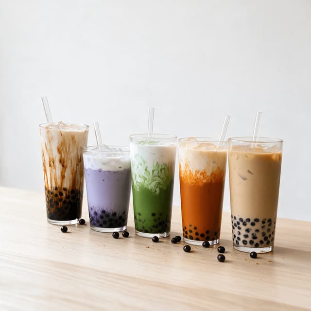 Five layered milk teas lined up together showing brown sugar, taro, matcha, thai tea and black tea gradients