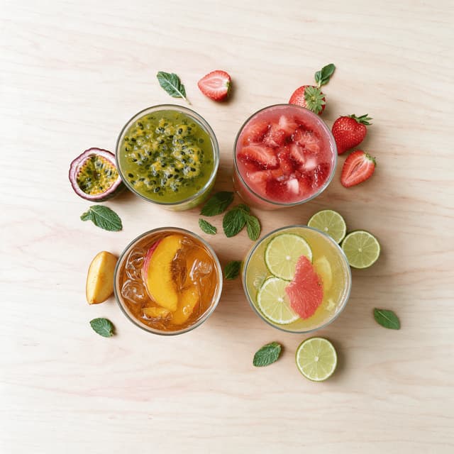 Overhead flat lay of four fruit teas with passionfruit, strawberry, peach and citrus pieces visible inside