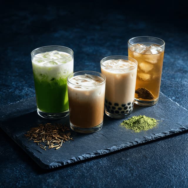 Four speciality tea drinks on dark slate including matcha latte, hojicha, jasmine milk tea and oolong