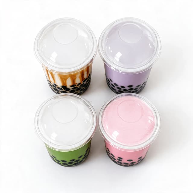 Overhead grid of four sealed takeaway bubble tea cups on white showing bold high contrast drink colours