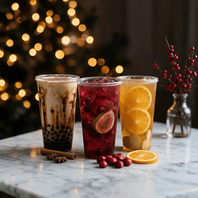 Three seasonal bubble teas with warm bokeh lights behind showing spiced, berry and citrus limited drinks