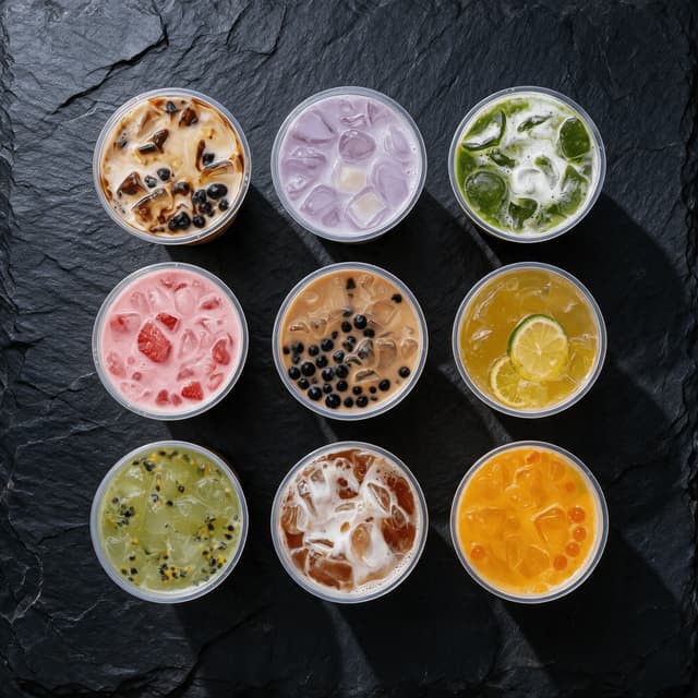 Overhead grid of nine bubble tea cups on dark slate arranged as evenly lit menu board tiles