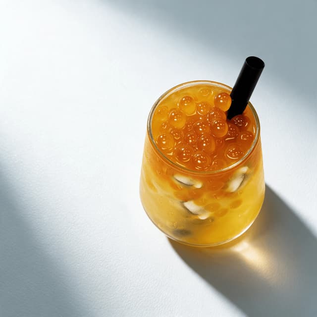 Clear glass of iced lychee tea packed with translucent orange mango popping boba over lychee pieces and ice