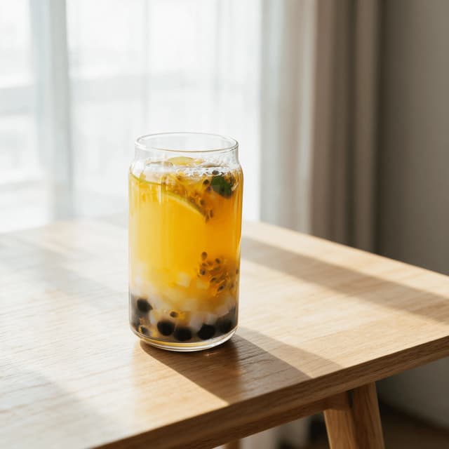 Iced passionfruit green tea in a clear cup with visible seeds and golden pulp suspended through the drink
