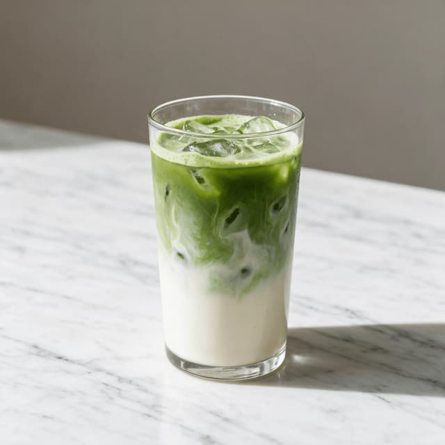 Iced matcha latte in a clear glass showing a clean bright green layer sitting under a white milk top