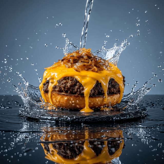Open faced cheeseburger molten cheese cascade splash drama — cheese pull burger card photography