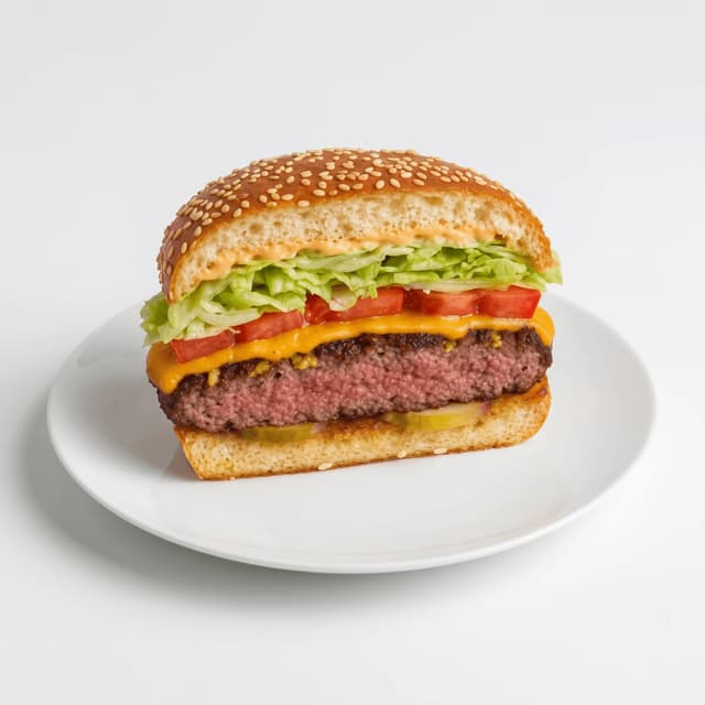 Burger cross section vertical cut layers visible bright clean — cross section card photography