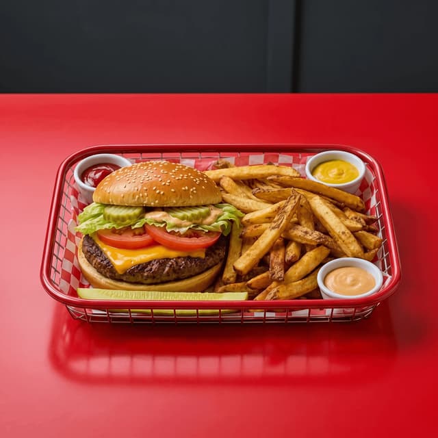 Diner basket cheeseburger fries red checkered paper retro — burger fries combo card photography
