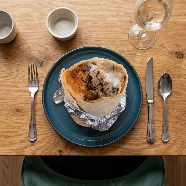 Steak Mission burrito hand held foil partially open — wrapped burrito card photography