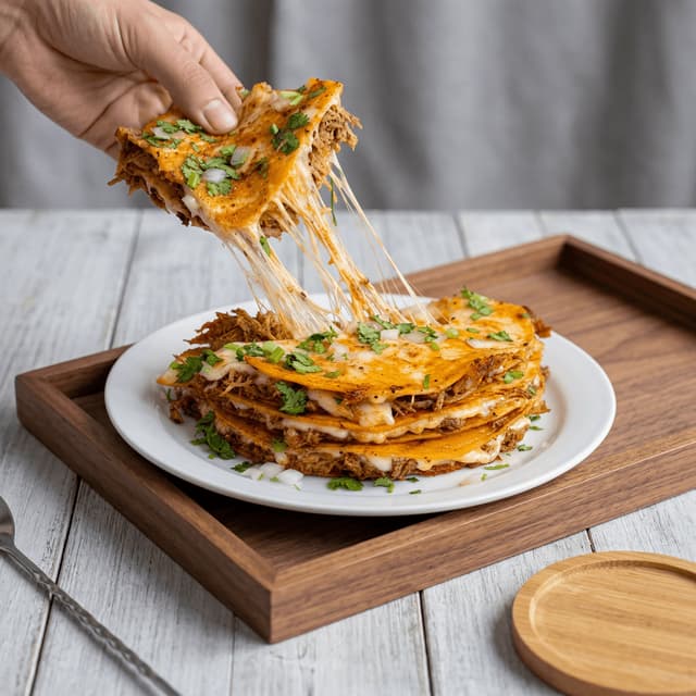 Quesadilla cheese pull stack flour tortilla grilled — Mexican grilled wrap hero photography