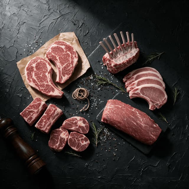 Overhead spread of premium raw cuts including ribeyes, a lamb rack, pork chops and a sirloin on dark plaster