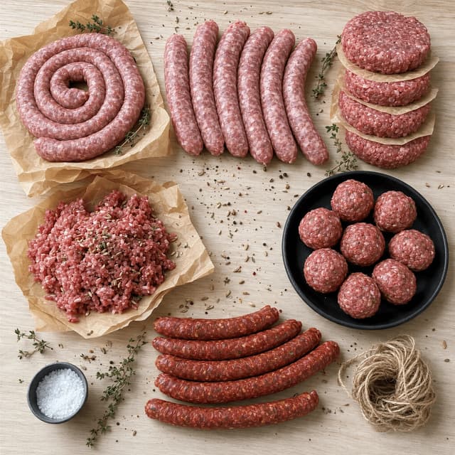Top-down spread of house-made sausage links, coils, burger patties and meatballs on pale wood and kraft paper