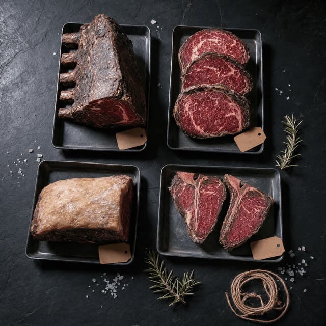 Row of dry-aged beef primals and steaks on dark steel trays over black slate, shot from directly above