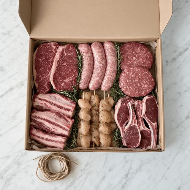 Open kraft barbecue box for six packed with steaks, sausages, burgers, ribs and skewers on white marble