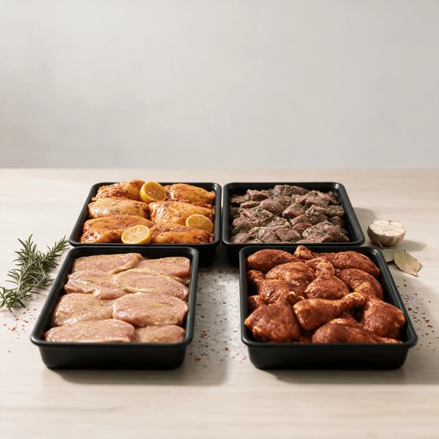 Four black trays of different marinated ready-to-cook meats arranged together on a pale wooden counter