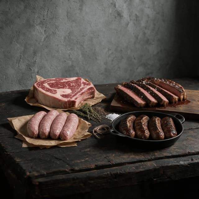 Raw ribeye beside the same steak cooked and sliced, and raw sausages beside cooked ones, on dark weathered wood