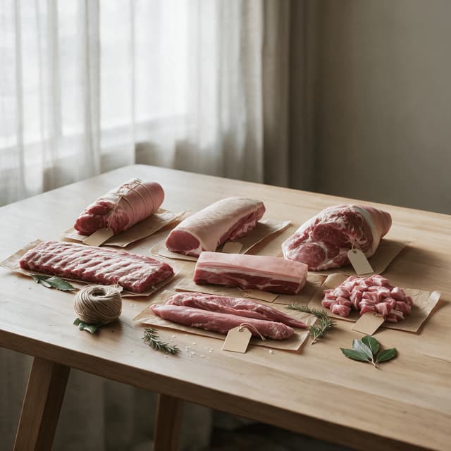 Whole-animal breakdown spread of pork primals on kraft paper with twine and blank tags in soft window daylight