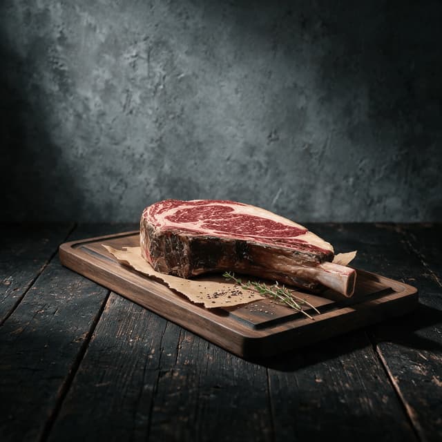 Thick dry-aged bone-in ribeye steak with deep marbling resting on brown butcher paper on a dark wooden board