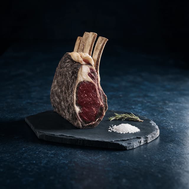 Whole dry-aged beef rib primal with a dark mahogany crust standing upright on a black slate slab against a dark ground