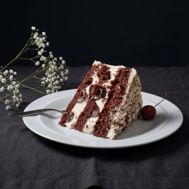 Vişne ve çikolata talaşıyla Black Forest pasta dilimi — kat pastası kesit fotoğrafçılığı