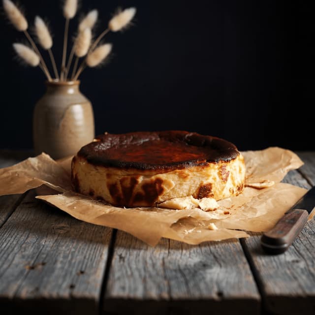 Yoğun karamelize koyu üstüyle bütün yanık Basque cheesecake — basque cheesecake fotoğrafçılığı