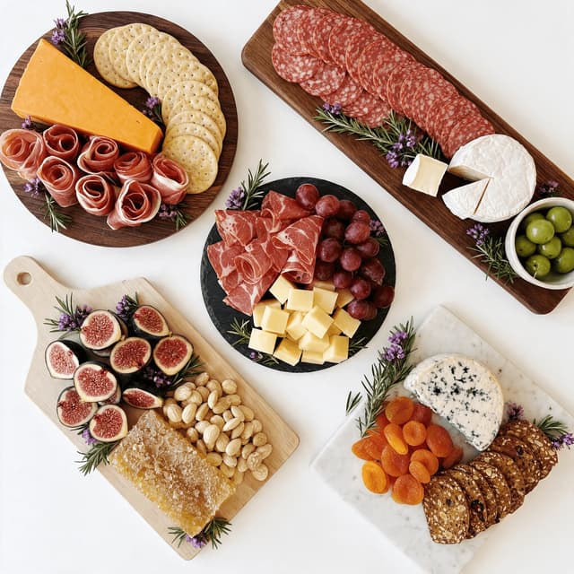 Several round and rectangular charcuterie boards arranged overhead on a white surface
