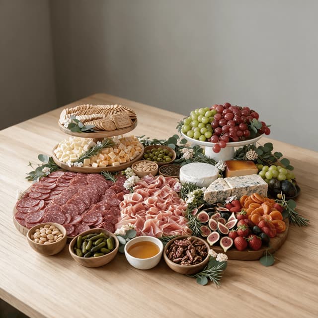 Grazing table spread with multiple boards, bowls and tiers styled for a wedding reception