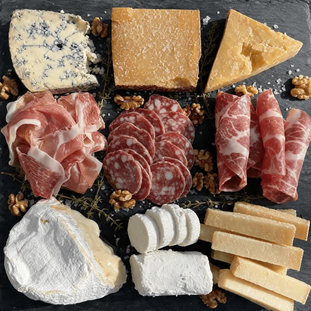 Dark slate spread of many cheese wedges and cured meat piles showing rind, crumble and marbling