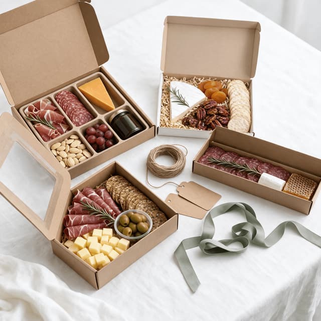 Row of open charcuterie gift boxes and board kits packed with meats, cheese, nuts and preserves