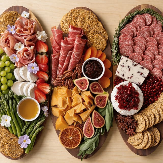 Three seasonal charcuterie boards side by side in spring, autumn and winter styling