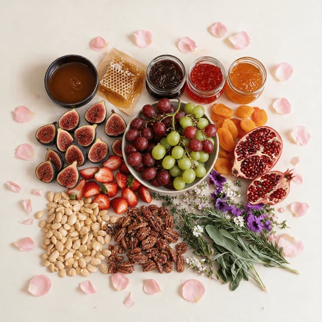 Styling spread of honey pots, jam jars, fruit bowls and edible florals used to finish boards