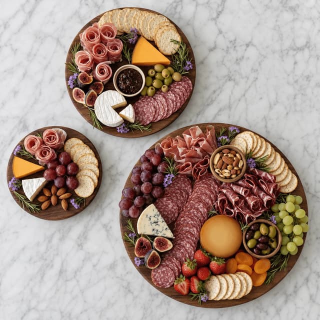 Small, medium and party-size charcuterie boards shot together on marble to show price tiers