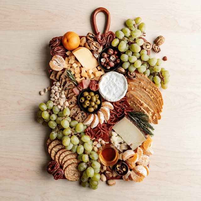 Overhead artisan charcuterie board with prosciutto roses, aged cheddar, brie and honeycomb on a walnut board